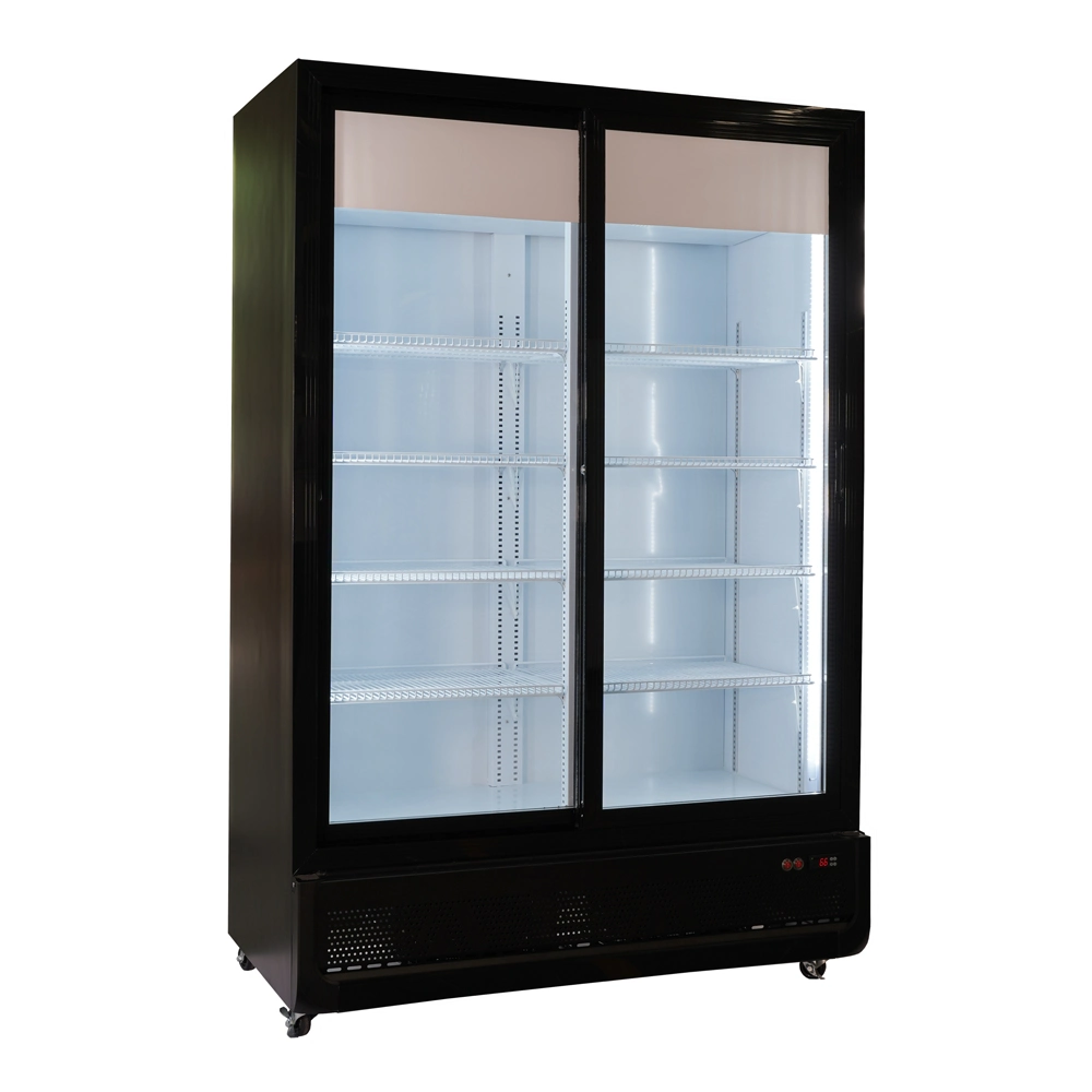 Fashion Design Black Color Store Dynamic Cooling Double Glass Doors Auto Defrost Upright Display Refrigeration Equipment